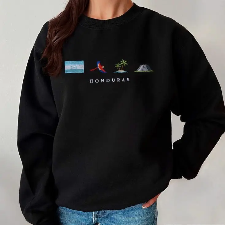 Honduras Embroidery Sweatshirt, Cozy, Black, Guacamaya Roja, Copán, Maya, Garifuna, Roatán Coral, Baleada Gift Symbol Stitch Crewneck Unisex