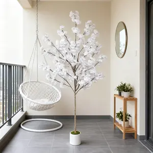 1 Count 130-180CM New Artificial White Cherry Blossom Wish Tree, Decorative Fake Tree, Fake Blossom Plants, Home Decor with Plastic Pot and Moss, Indoor Outdoor Decoration for Weddings Parties Garden Office, Artificial Plant Trees