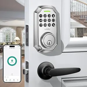 LNDU L180+H300 Silver Smart Door Lock Set: Keyless Entry with Handle, App & Bluetooth Control, Electronic Keypad Deadbolt. Offers 100 Codes, One Time Password, Auto Lock & One Touch Lock – Simple Installation for Front Doors.