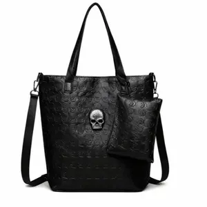 Skull Design Black Tote Bag with Adjustable Strap and Pouch for Everyday Use matching wallet