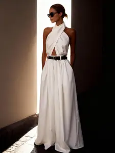 Spring Summer Casual Elegant Slim Fit Loose Vacation Style Backless Sexy Jumpsuit with Belt, Women's Fashion, Natural Waist, Plain Design, Womenswear