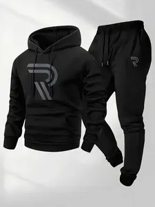 Men's Two-Piece Sportswear Hoodie and Pants - Grey with Black Logo, Pockets, Casual Wear, Fashion Trend, Street Style, Gift, Party, Gathering