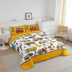 Construction Designer Comforter Set,Cute Cartoon Dinosaur Comforter,Super Soft Equipment Trucks Excavators Car Luxury Bedding Set