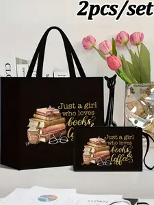 Tote Bag, Market Tote, Features Gold-Lettered "Just A Girl Who Loves Books Coffee" With Coffee Book Motifs, Large-Capacity Handled Portable, Multi-Functional Shopping Bag, Storage Bag, Perfect For Commuting, Parties, Holiday Gift