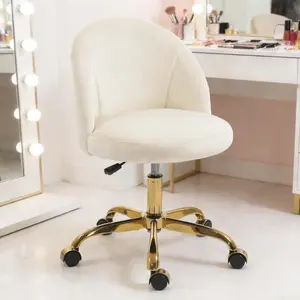 White Velvet Vanity Chair with Gold Base, Small Swivel Makeup Chair for Bedroom & Home Office, Adjustable Height Cute Desk Chair with Wheels for Girls
