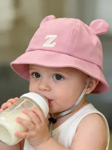 Baby Bear Ear Fisherman Hat, A-Z Letter Embroidery Infant Sun Protection Personalized Adjustable Cap, Windproof Bucket Hat for 0-2 Years Old