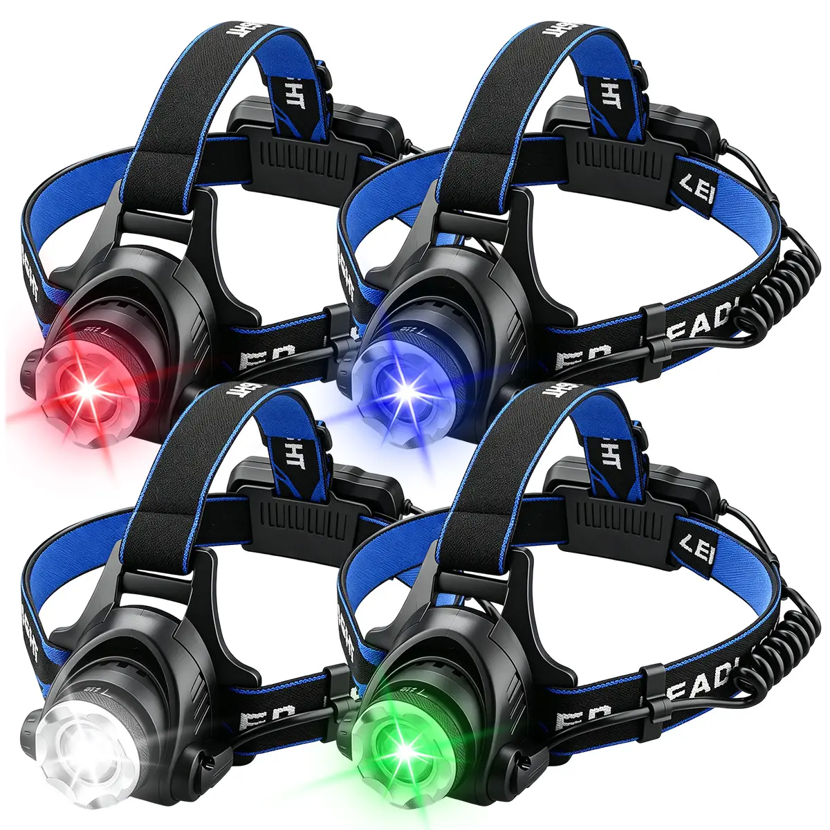 4-in-1 LED Rechargeable Headlamp Flashlight - White, Red, Green, Blue Light Zoomable Headlight, 90° Adjustable Hands-Free Head Lamp with Rear Warning Light for Night Fishing, wildlife observation, Camping & Outdoors