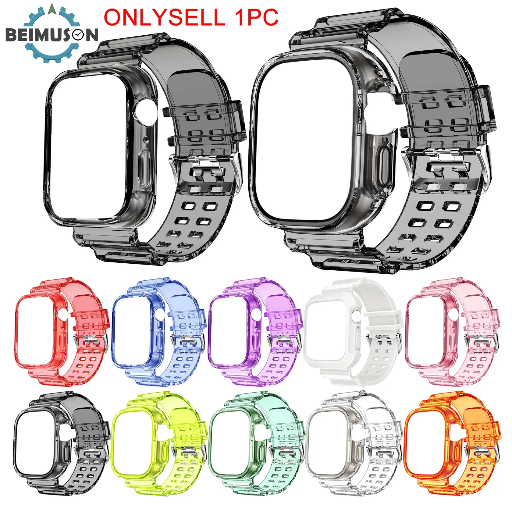 For Apple Watch Candy Color Clear Band + Case 49mm 46mm 45mm 44mm 42mm 41mm 40mm 38mm, Clear Crystal Sport Band with Protective Bumper Case for iWatch Series 11/10/9/8/7/6/5/4/3/2/1 SE Ultra Smartwatch Accessories
