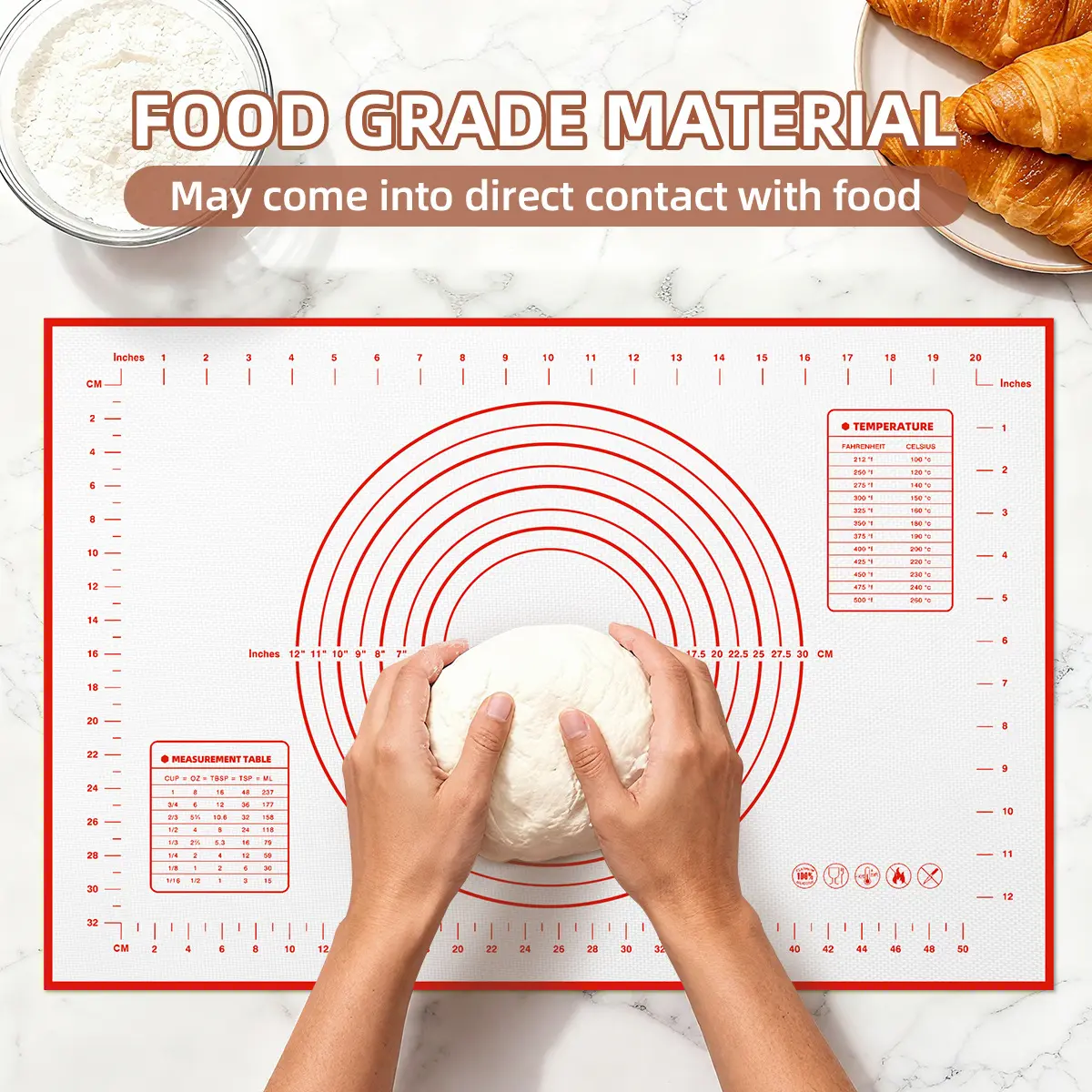 Silicone Baking Pastry Dough Mat - Extra Large Cookie Bread Rolling Mats Sheet, Nonstick Kitchen Counter Kneading Board, Thick Reusable Pie Cookies Pizza Fondant Making Matt with Measurement