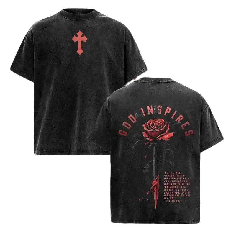 Men's Vintage Washed Christian Gym Shirt & Hoodie - Oversized Pump Cover Workout Top with Isaiah 53:5 Bible Verse, God Inspires Rose Sword Faith Athletic Tee