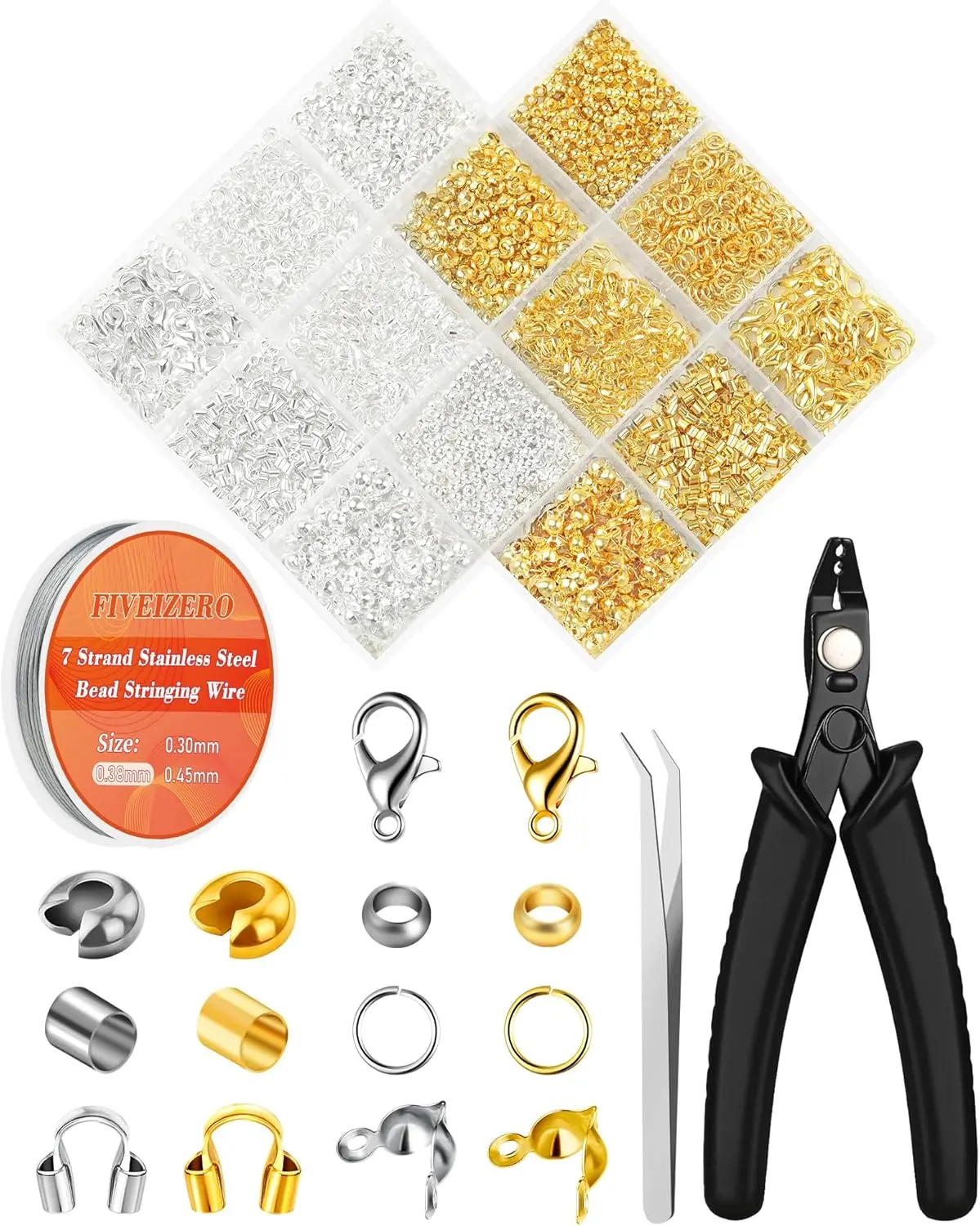 1950 Pcs Jewelry Making Cord End Kit,Crimp Tube Beads with Organizer Box,Includes Crimp Beads, Cover, Lobster Clasp,Jump Ring,Wire Guardians,Crimping Pliers & Beading Wire for Bracelets Necklace
