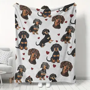 Plush Dachshund and Heart Print Flannel Throw Blanket - Soft, Warm, Cozy, Multi-Functional Modern Design, Suitable for Sofa, Bed, All-Season Gift for Dog Lovers