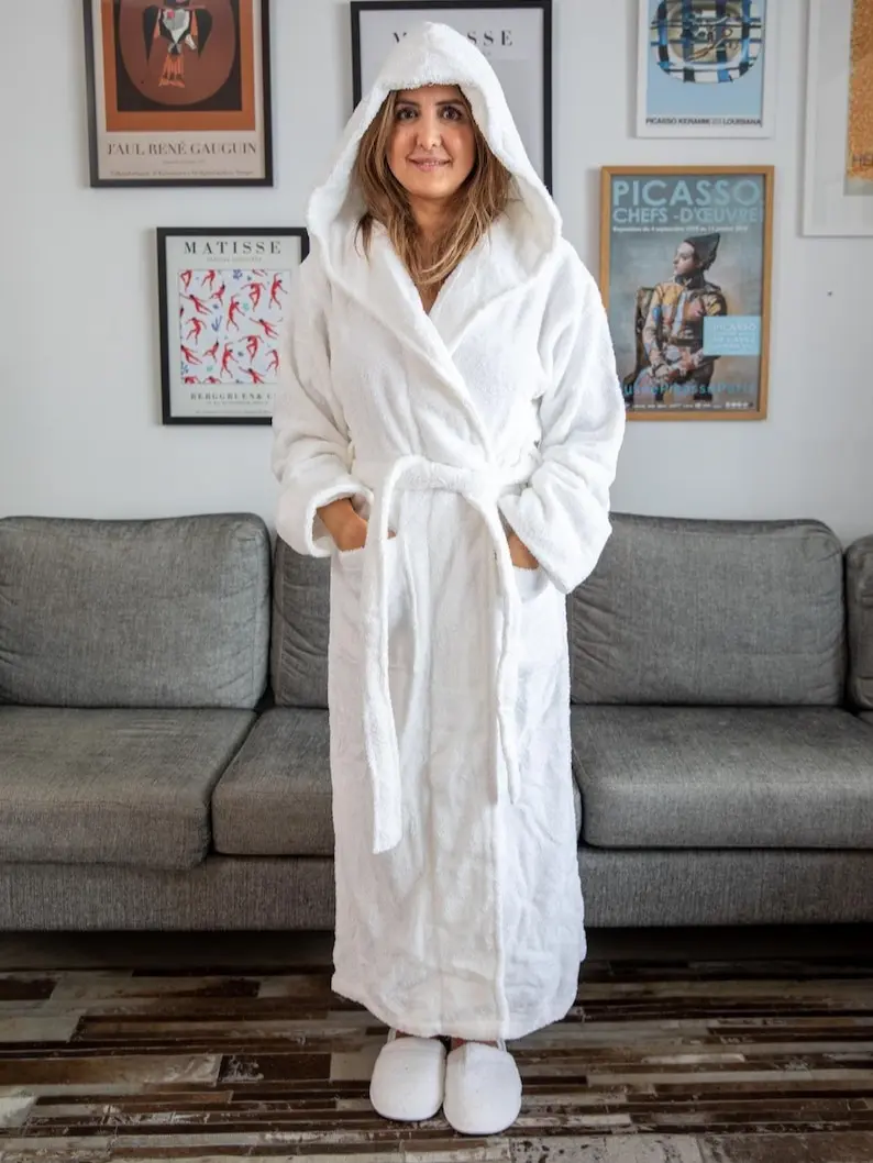 Women's GOTS Certified Organic Turkish Cotton Terry Bathrobe - Unisex Full Length with Hood - Womenswear, Gowns
