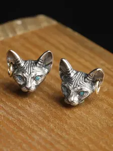 Vintage Silver Color Cat Earrings with Gold Circle, Unisex Cute Cartoon Kitty Studs, Daily Jewelry Accessory Gift