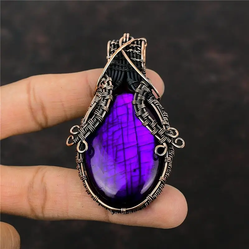 Purple Fire Labradorite Wire Wrapped Pendant Handcrafted Copper Dailywear 3.07"