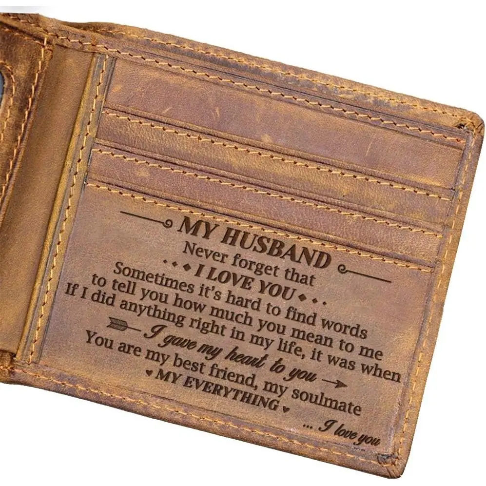 Men's Minimalist Crazy Horse Leather Bifold Wallet - Slim Fit, Heartfelt Text, Engraved Quote, RFID Blocking, High Engraving Technology, Personalized Husband Gift for Holiday, Anniversary, Personalized Gifts
