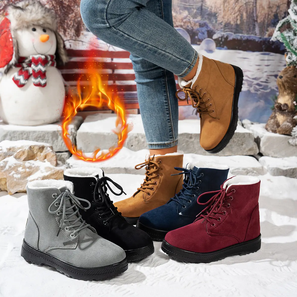 Women's Stylish Suede Platform Ankle Booties - Warm Plush-Lined Winter Snow Boots, Anti-Slip Rubber Sole, Synthetic Fabric, Round Toe, Lace-Up for Casual Outdoor Use
