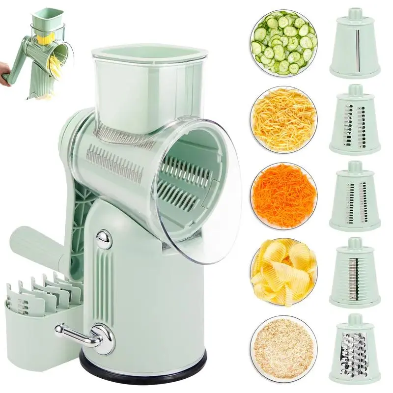5-in-1 Rotary Kitchen Cheese Grater & Vegetable Chopper Utensils with 10 Stainless Steel Blades, Strong Suction Base, Safety Handle, Blade Storage Box, Cleaning Brush for Chopping (Green)