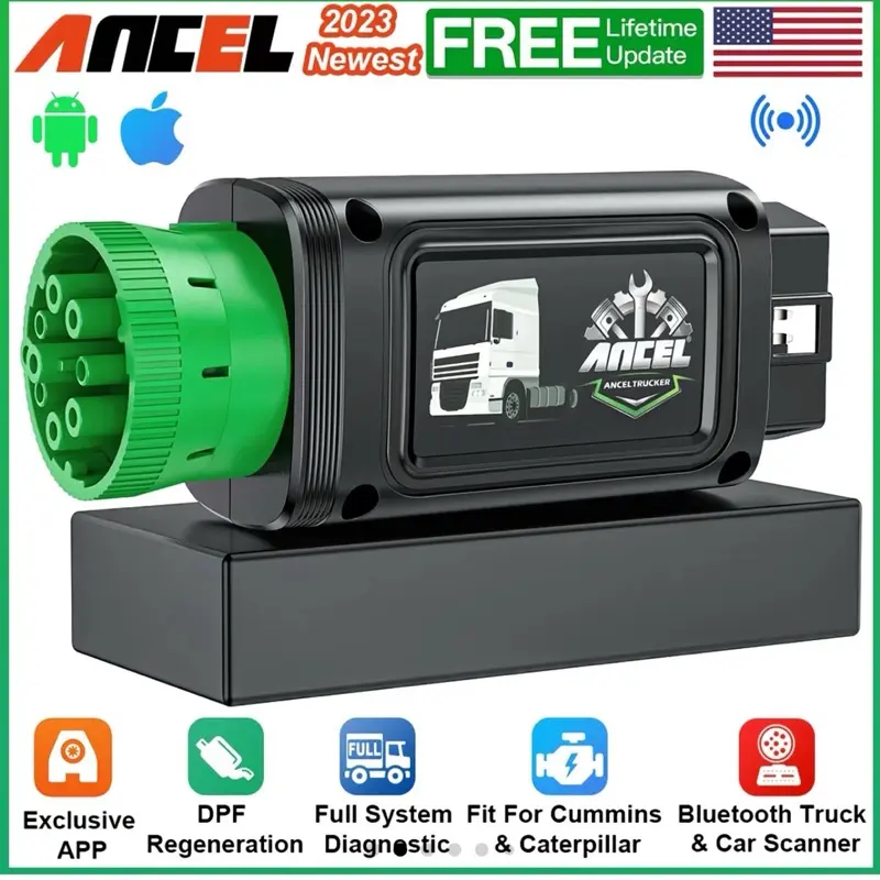 Ancel HD100 Bluetooth Truck Scanner for Cummins Detroit Cat HDOBD OBD2 9/16 Pin Full System Diag DPF Regen Android iOS Compatible