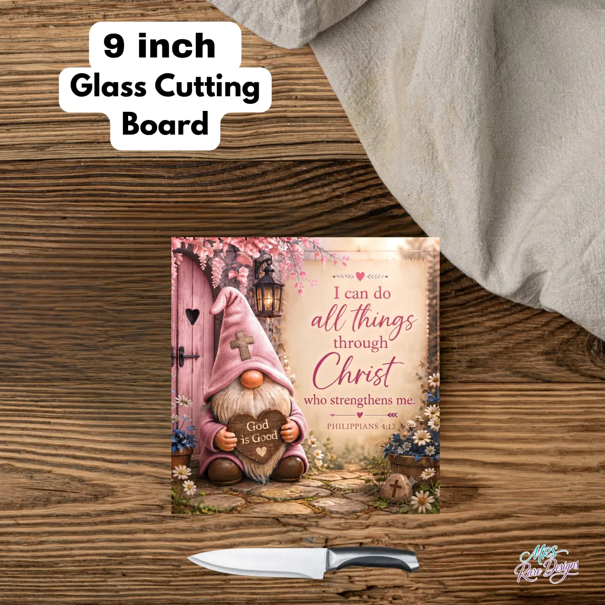 Blossoms of Faith" 9" Glass Cutting Board — Gnome & Scripture Kitchen Décor