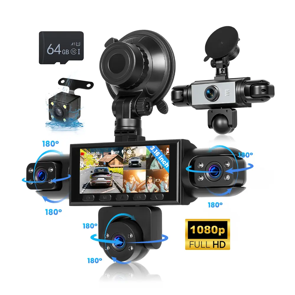 5-Lens Dash Cam 3.16” IPS Night Vision Car DVR 360° Five Camera Car Recorder 1080P+4*480P Loop Recording Reverse Assist Dash Cam with 64GB Card