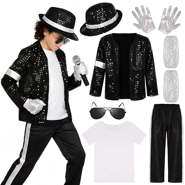 Boys' 80s-90s Pop Dance Star Costume - Polyester Sequins Stripes T-Shirt Halloween Stage Outfit, Sunglasses Included, Halloween Ideas, 13 - 14 Years, Striped Pants, Costume Ideas, Dance Costumes