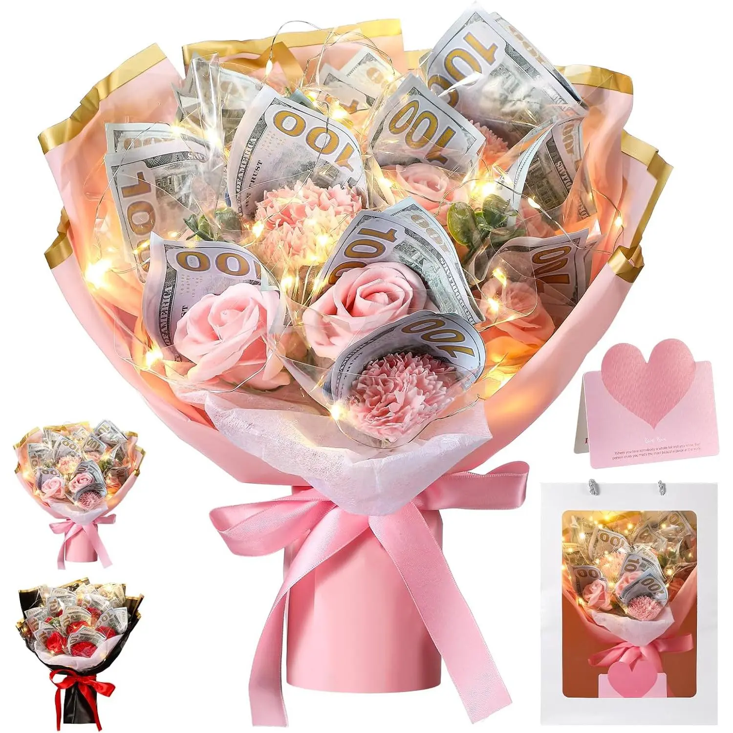 Thanksgiving & Wedding Money Flower Bouquet Kit – Pink Cash Noseday with Bag – DIY Cash Gift for Birthday, Anniversary, Party Eye Light