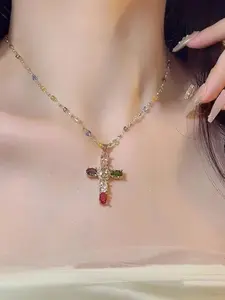 Rainbow Multicolor Crystal Cross Pendant Gold Chain Necklace - Y2K Aesthetic Coquette Trendy It Girl Ins Aesthetic Religious Statement Jewelry Accessories for Women Valentines&birthday Boujee Gifts for gf and Mom