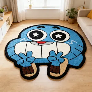 Cartoon blue cat shaped carpet, Cartoon pattern rug, blue and white contrasting plush floor mat, bedroom bedside anti slip and wear-resistant foot mat, space decoration mat, suitable for Instagram style/cartoon fun home decoration