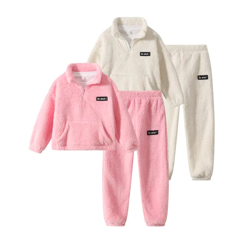 Girls' 4-Piece Solid Color Fleece Set, 3-12 Years Halloween Costume With Letters Accessories, Autumn-Winter Plush Long-Sleeve Semi-Zipper Sweatshirt & Pants, Girlclothes Kids Clothing Girls, Polyester