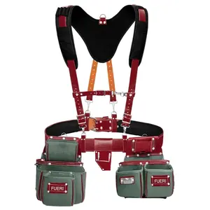 FUERI Nylon and Leather Tool Belt with Suspender comes with 19 Pocket with Adjustable Foam Padded Belt,Heavy Duty Pouches, 4 D-Loops, Leather Suspender and hammer holder for Carpenters & Electricians