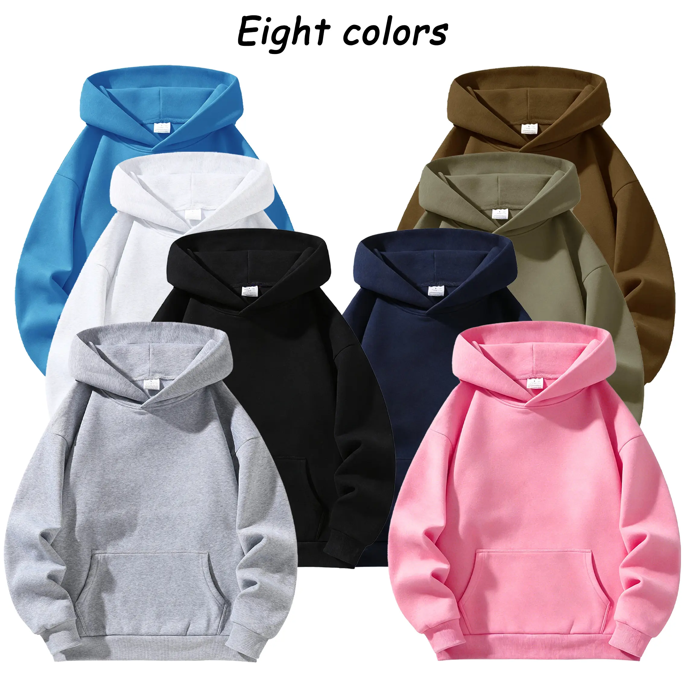 Minimalist, relaxed-fit hoodie sweatshirt featuring a classic solid color and a large kangaroo pocket at the front; American retro style for everyday outings and casual wear, versatile pullover design.