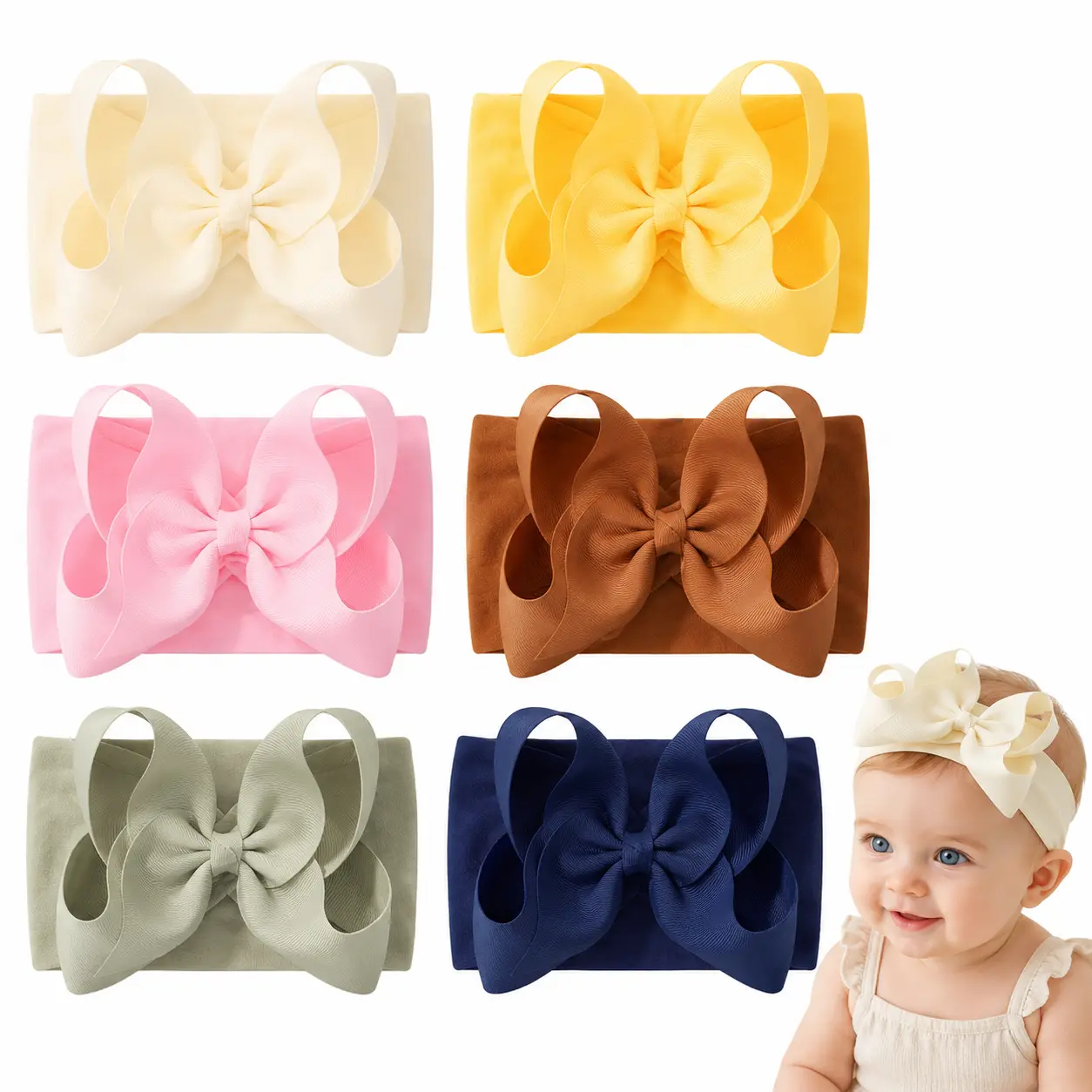 6PCS Baby Hair Bows,4 inch Big Baby Headbands Ribbon Bow High Elastic Soft Hair Headbands | Hair Accessories Baby Bows for Baby Girls Infant Newborn Toddler, Cute Infant Shower Gifts, Elastic Hair Accessory
