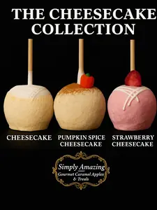The Cheesecake Gourmet Caramel/Candy Apple Collection 3 pack Traditional Cheesecake, Pumpkin Spice Cheesecake, & Strawberry Cheesecake