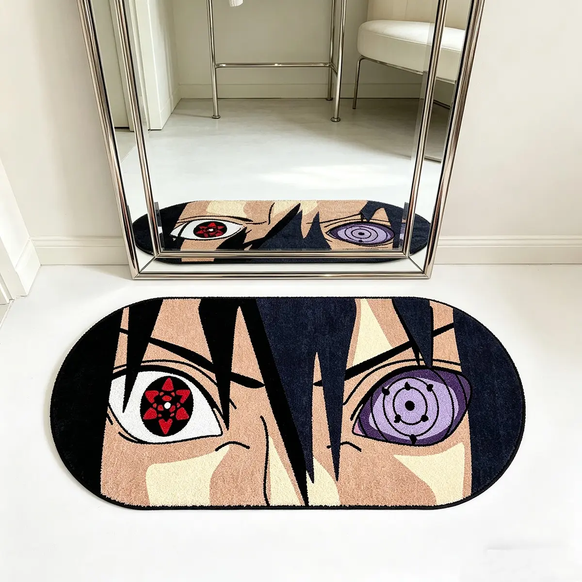 Trendy and cool anime-inspired oval short-pile home decor rug with eye-shaped design. Unique eye-patterned color-blocking design, soft and delicate. Suitable for bedroom, bedside, entryway, bathroom, and as a non-slip mat. Anime-style room decoration mat.