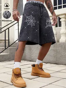 Starry Sky Jeans men's sparkling diamond loose spider web rhinestone denim shorts, y2k street style denim cropped pants, perfect fit and comfort, suitable for daily wear, fashionable and trendy statement of style