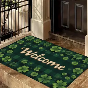 Green Welcome Doormat, Four-leaf Clover Design- Soft Flannel, Plush Indoor and Outdoor Entry Mat, Suitable for St. Patrick's Day, Christmas, Halloween, Thanksgiving Decorations- Rectangular Doormat