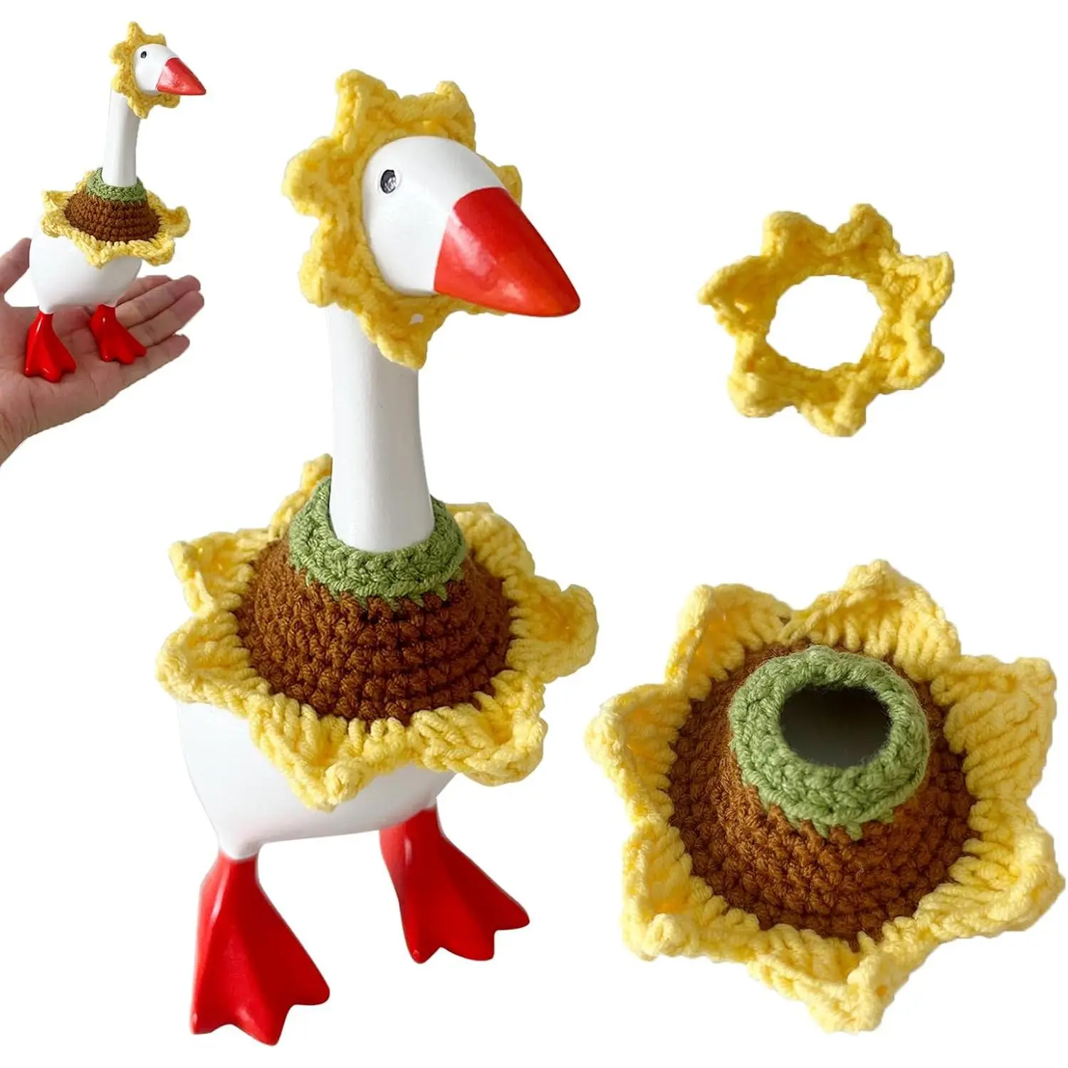 7 In Handmade Crochet Sunflower Outfits with Hat for 7-In Mini Magnetic Porch Goose Statue, Collectible Ornament, Interchangeable Home Decor Accessories for Goose Figure Doll, Goose Figure Doll Ornaments