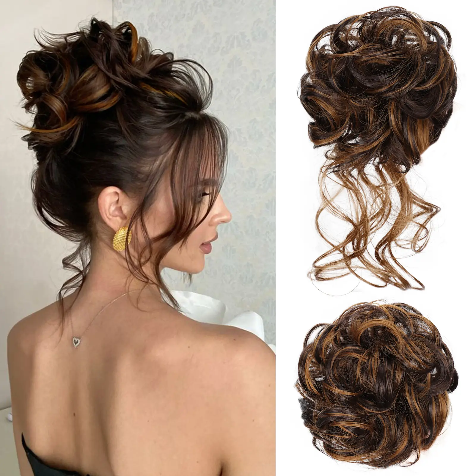 [Summervibes] Messy Bun Hair Piece for Women - 2PCS Synthetic Hair Pieces with Tousled Updo Hair Buns & Wavy Curly Texture Scrunchies Chignon Ponytail - Easy to Wear & Versatile for Daily Use Summervibes