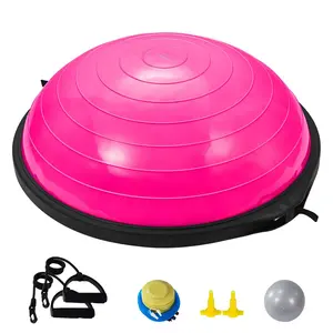 Half Exercise Ball Trainer, 26-Inch Balance Ball, 1500 Lbs Capacity Stability Ball, Yoga Ball With Resistance Bands And Foot Pump, Full Body Home Gym Workout Equipment, Anti-Slip Non-Toxic PVC, Pink