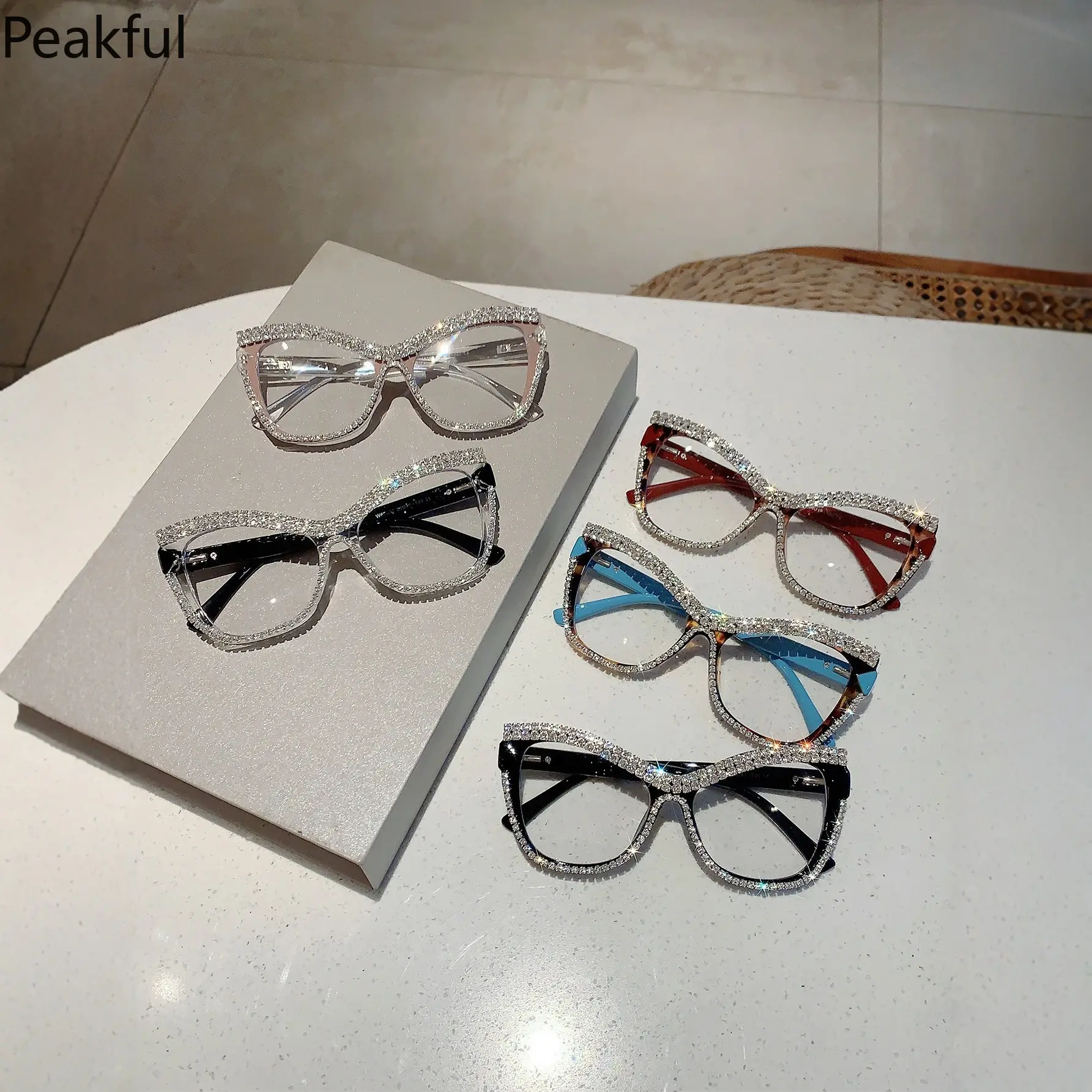Crystal-Encrusted Cat Eye Eyeglasses, Women's Sparkly Rhinestone Fashion Glasses, Anti-blue Light Clear Lens Frames, glamorous bold style, ideal for daily use, special occasions, and trendy outfit matching