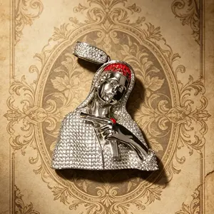 M3-2376 Iced Out Virgin Mary With Gun Pendant Red Enamel Hip Hop Bling Jewelry For Street Rappers