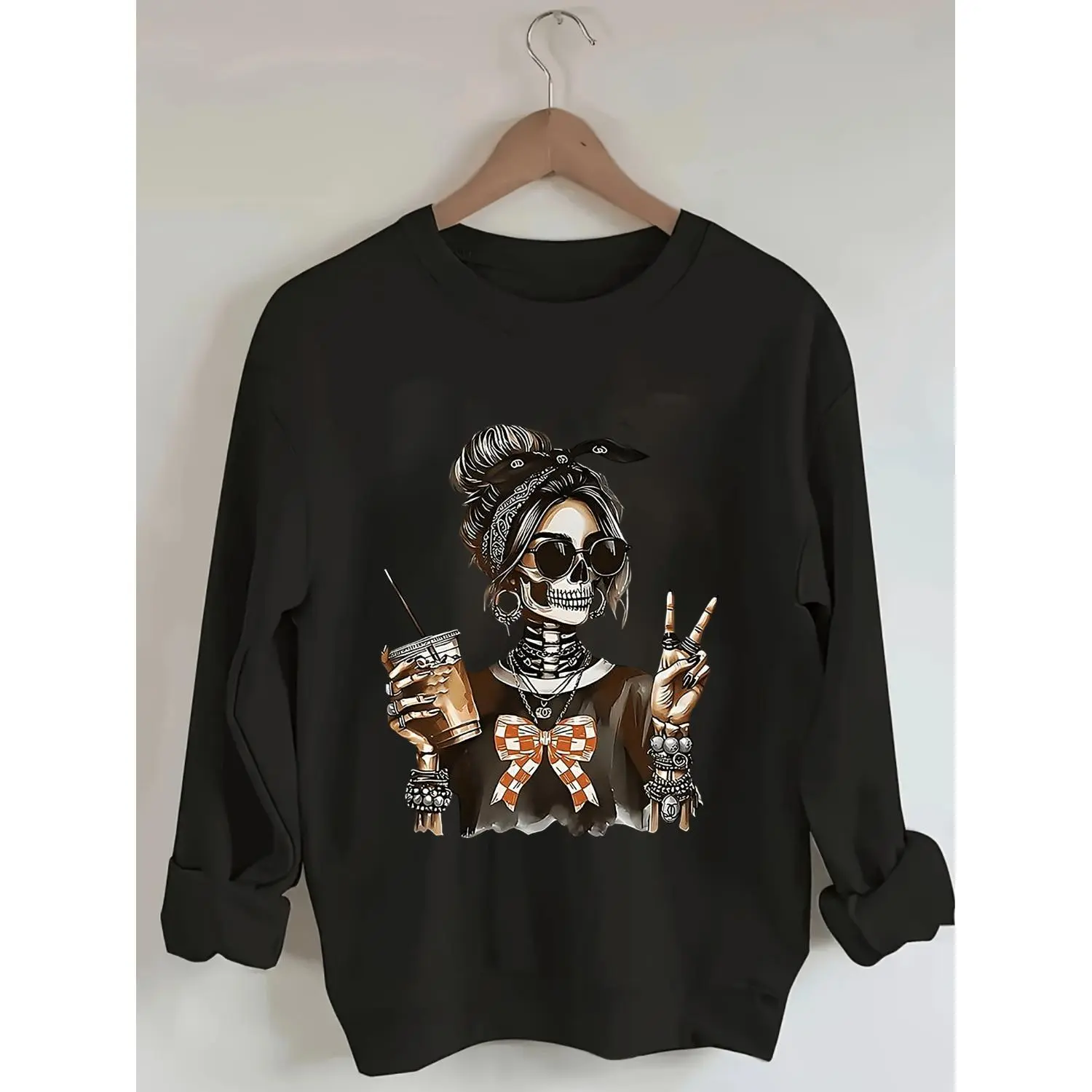 Skeleton Themed Crew Neck Sweatshirt Trendy Accessories and Gestures Pattern Print Comfortable All Season Machine Washable for Women Casual