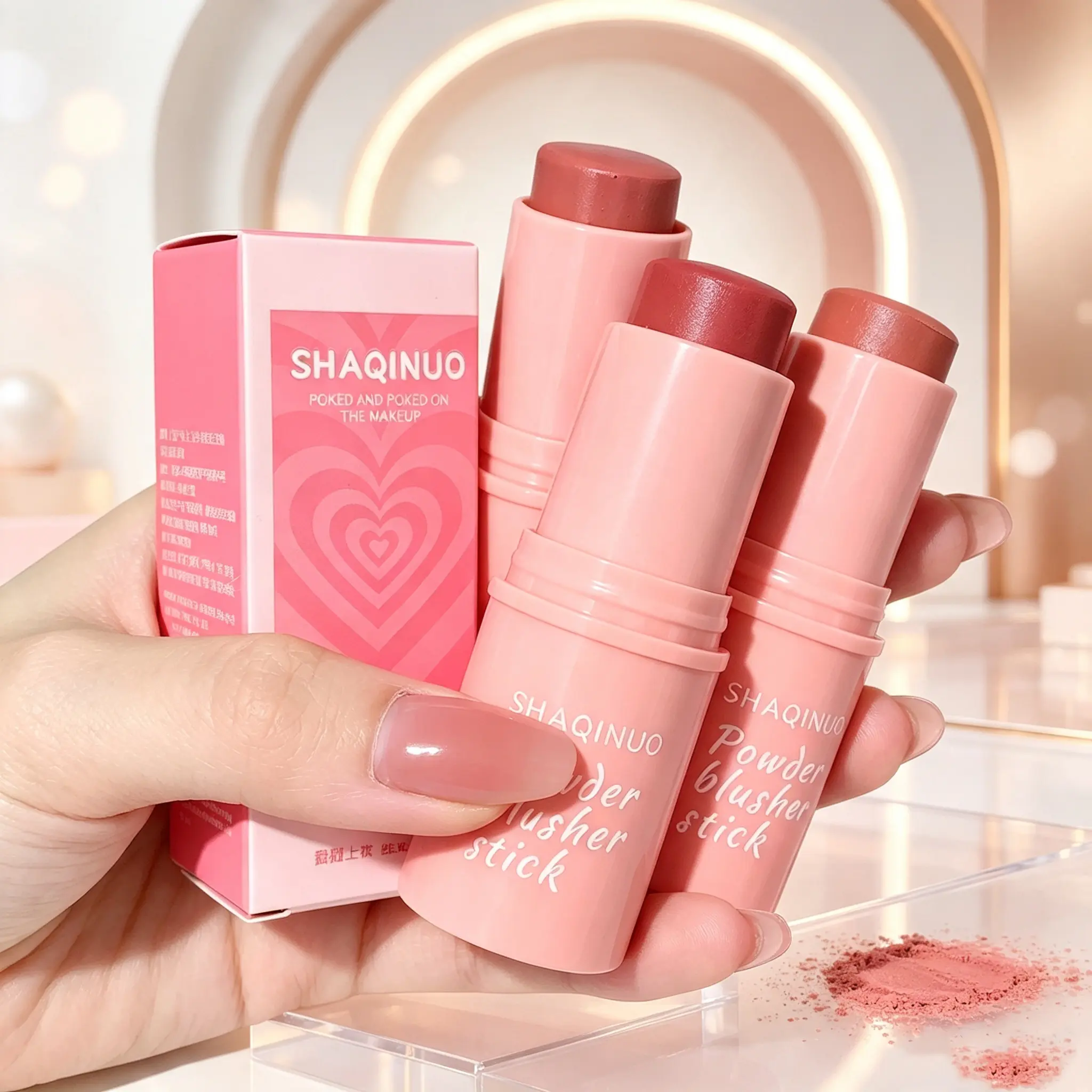 SHAQINUO Powder Blusher Stick 3 Pack, Buildable Cream Blush Trio, Natural Flush Lightweight Blendable Multi-Use Blush for Cheeks Lips Eyes, Long Lasting Daily Makeup