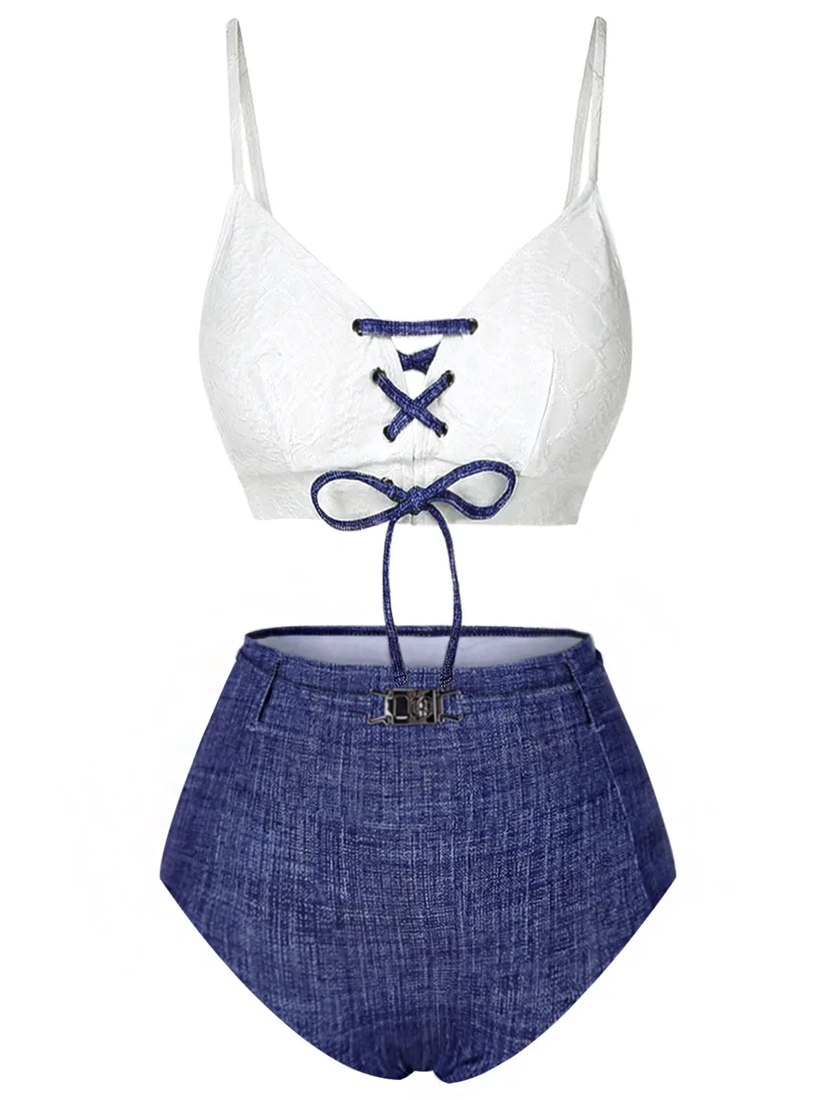 Blue 1940s Lace-Up Halter Faux Denim Bikini Set vacation swimwear for women cute summer outfits