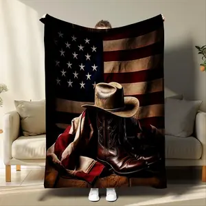 American Flag & Cowboy Hat Pattern Blanket, Western Blanket, 1 Count Soft Throw Blanket, Air-conditioned Room Blanket for Home Office Travel Camping