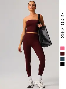 Women's Solid Crop Tube Top & High Waist Leggings Sports Set, Stretch Fabric Activewear, Casual Sporty Breathable Fitness Sport Outfits for Yoga Gym Workout Running, Ladies Sportswear for All Seasons, Athleisure Wear Set, Workout Sets