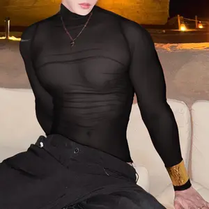 INCERUN Mens All-Season Solid Color Turtleneck Long Sleeve T-Shirt Sexy Slim Fit Sheer Mesh Base Layer Tops for Nightclub Party Layering