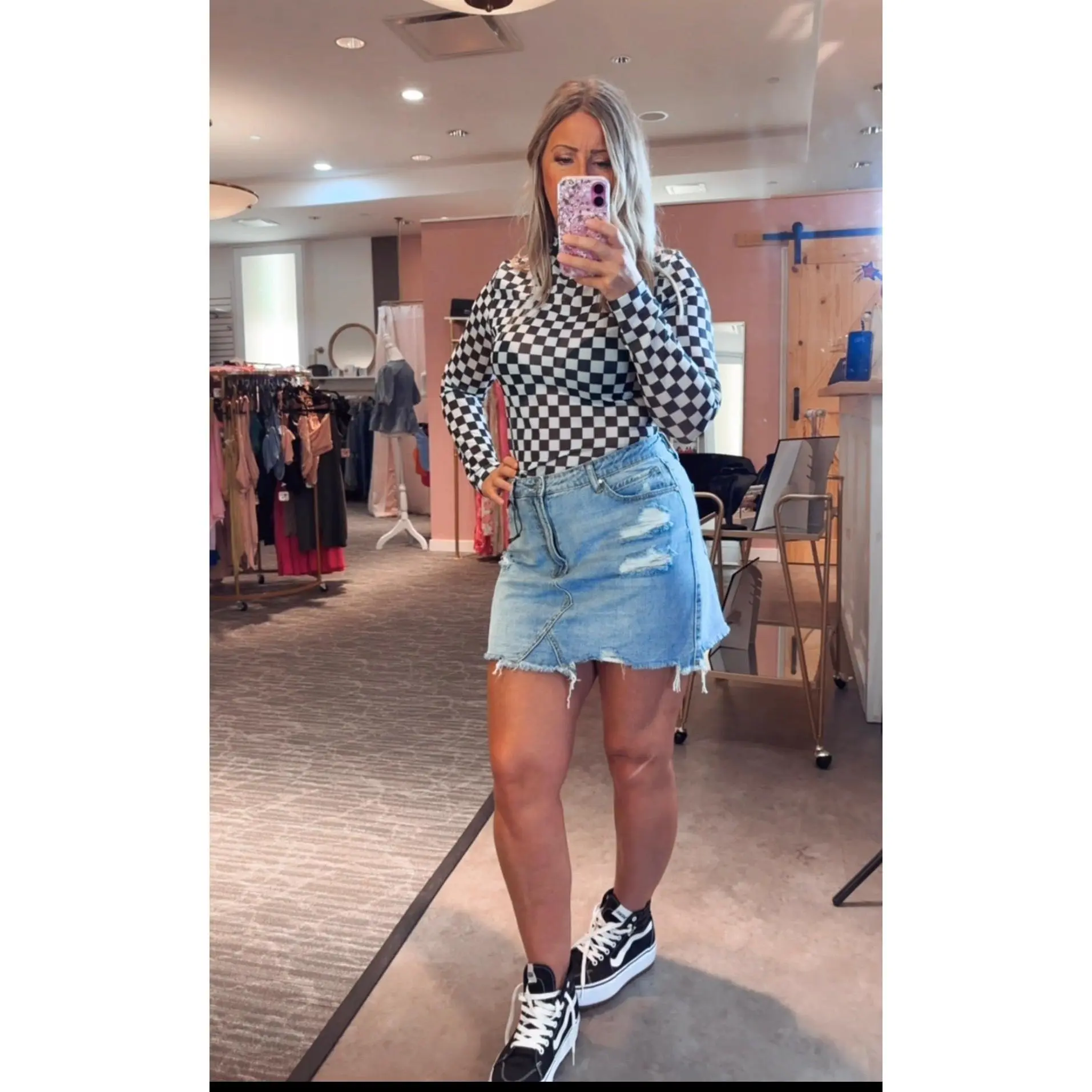 Checkered Print Sheer Long Sleeve bodysuit