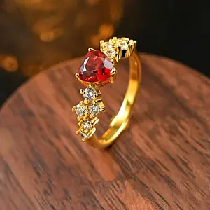 Red Heart Ring for Women, Golden CZ Diamond Promise Ring, Romantic Heart Cut Statement Ring, Elegant Fashion Jewelry, Daily Wear Party Gift Accessory